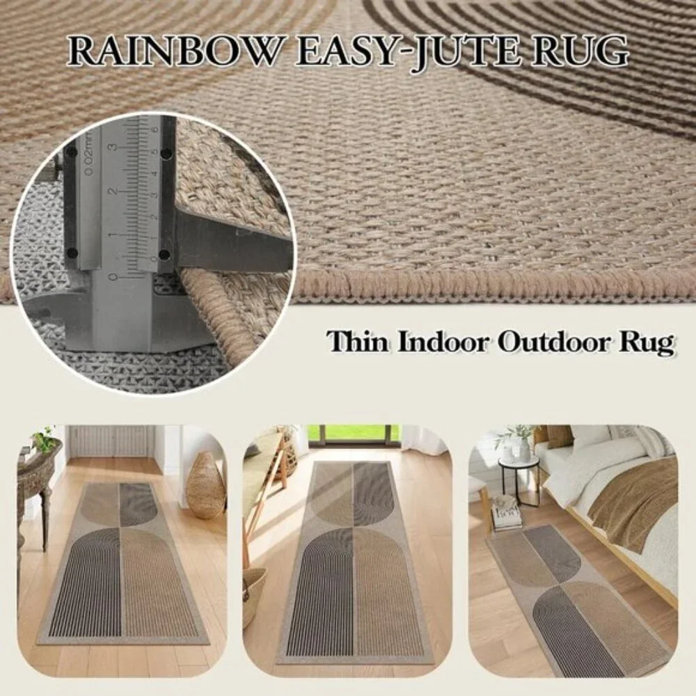 New 2x6 Modern Rainbow Jute Rug, Washable Non-Slip Runner for Kitchen & Hallway